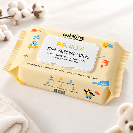 Cubkins Pure Water Baby Wipes, pack of 1 (72 wipes) – 99.4% water, only 4 ingredients, moisture-lock lid, with cotton and a teddy