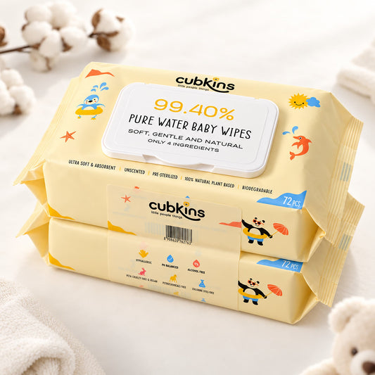 Cubkins Pure Water Baby Wipes, pack of 2 (144 wipes) – 99.4% water, only 4 ingredients, unscented, in a soft nursery setting