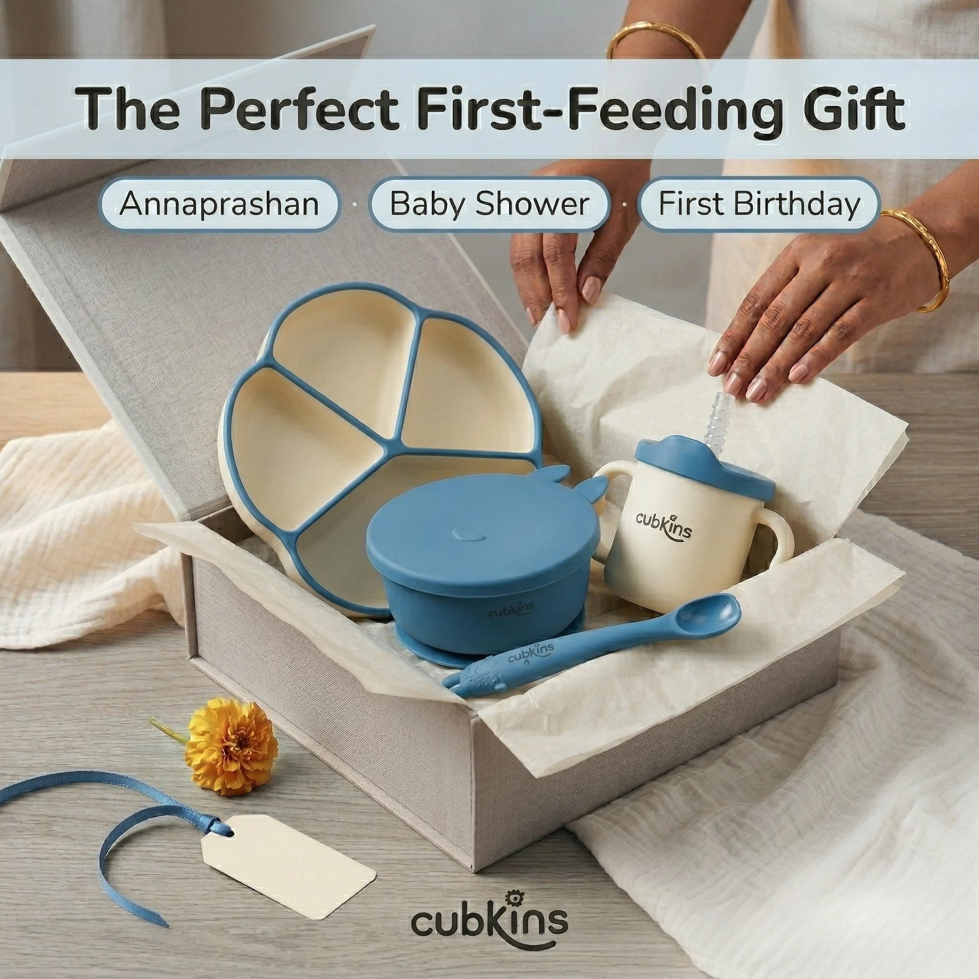 Cubkins Blue Plate Bowl Cup Spoon Set presented as a gift box — perfect Annaprashan, Baby Shower, and First Birthday gift for babies