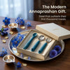Cubkins 3-piece baby cutlery set in blue presented as a modern Annaprashan gift – gift box on silver thali with diyas and blue flowers, 304-grade stainless steel that outlasts a thousand meals