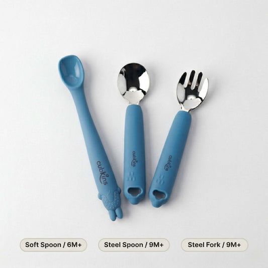 Cubkins 3-piece baby cutlery set in blue – bendable silicone soft spoon for 6M+, stainless steel baby spoon and toddler fork for 9M+