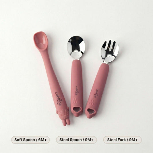 Cubkins 3-piece baby cutlery set in raspberry – bendable silicone soft spoon for 6M+, stainless steel baby spoon and toddler fork for 9M+