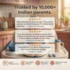 Cubkins blue silicone baby feeding set with five-star parent reviews from Mumbai, Bangalore, and Delhi, and safety badges showing lead-free, zero plastic contact, BPA/PVC/lead-free, and 100% food-grade silicone certifications
