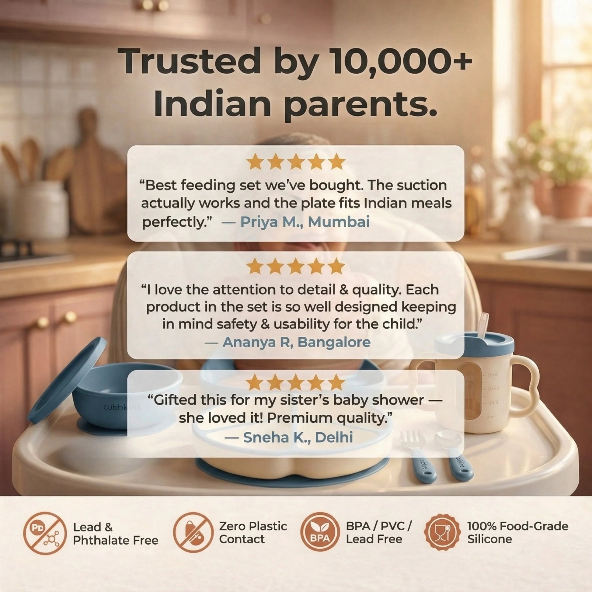 Cubkins blue silicone baby feeding set with five-star parent reviews from Mumbai, Bangalore, and Delhi, and safety badges showing lead-free, zero plastic contact, BPA/PVC/lead-free, and 100% food-grade silicone certifications