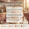Cubkins raspberry pink silicone baby feeding set with five-star parent reviews from Mumbai, Bangalore, and Delhi, and safety badges showing lead-free, zero plastic contact, BPA/PVC/lead-free, and 100% food-grade silicone certifications