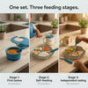 Cubkins blue silicone feeding set across three age stages: Stage 1 suction bowl with spoon for first tastes at 6 months, Stage 2 divided suction plate with straw cup for self-feeding at 9 months, Stage 3 full Indian meal on divided plate for independent eating at 18 months