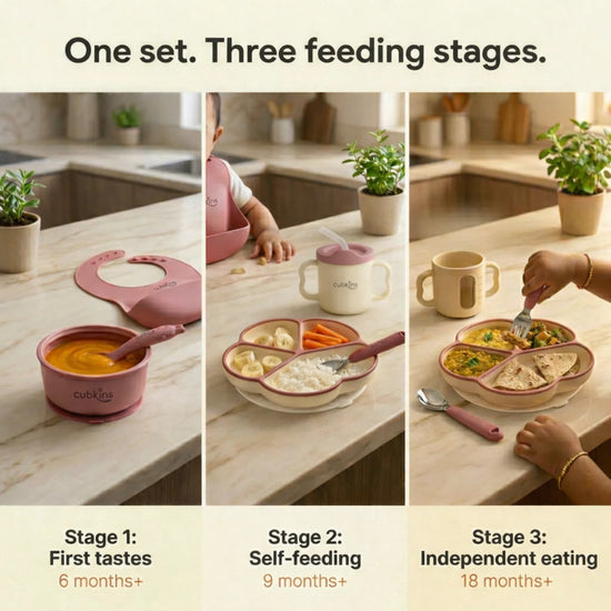Cubkins raspberry pink silicone feeding set across three age stages: Stage 1 suction bowl with spoon for first tastes at 6 months, Stage 2 divided suction plate with straw cup for self-feeding at 9 months, Stage 3 full Indian meal on divided plate for independent eating at 18 months