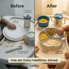 Before vs After comparison — messy mealtime with regular plastic plates vs Cubkins Blue Suction Plate and Bowl set that stays suctioned in place with flexible spoon that bends to baby's grip
