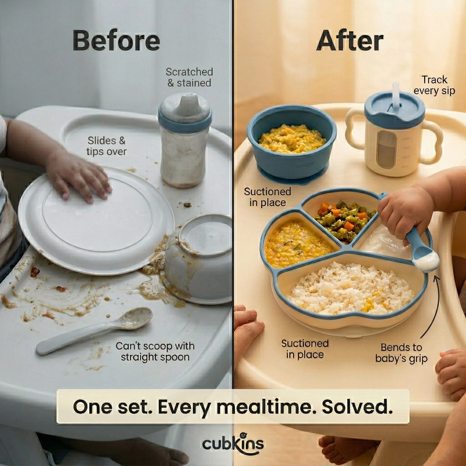 Before vs After comparison — messy mealtime with regular plastic plates vs Cubkins Blue Suction Plate and Bowl set that stays suctioned in place with flexible spoon that bends to baby's grip