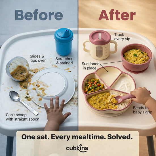 Before vs After — regular steel plate sliding with spilled food vs Cubkins Raspberry Silicone Suction Plate, Suction Bowl, and Sippy Cup suctioned in place on high chair tray with Indian baby food