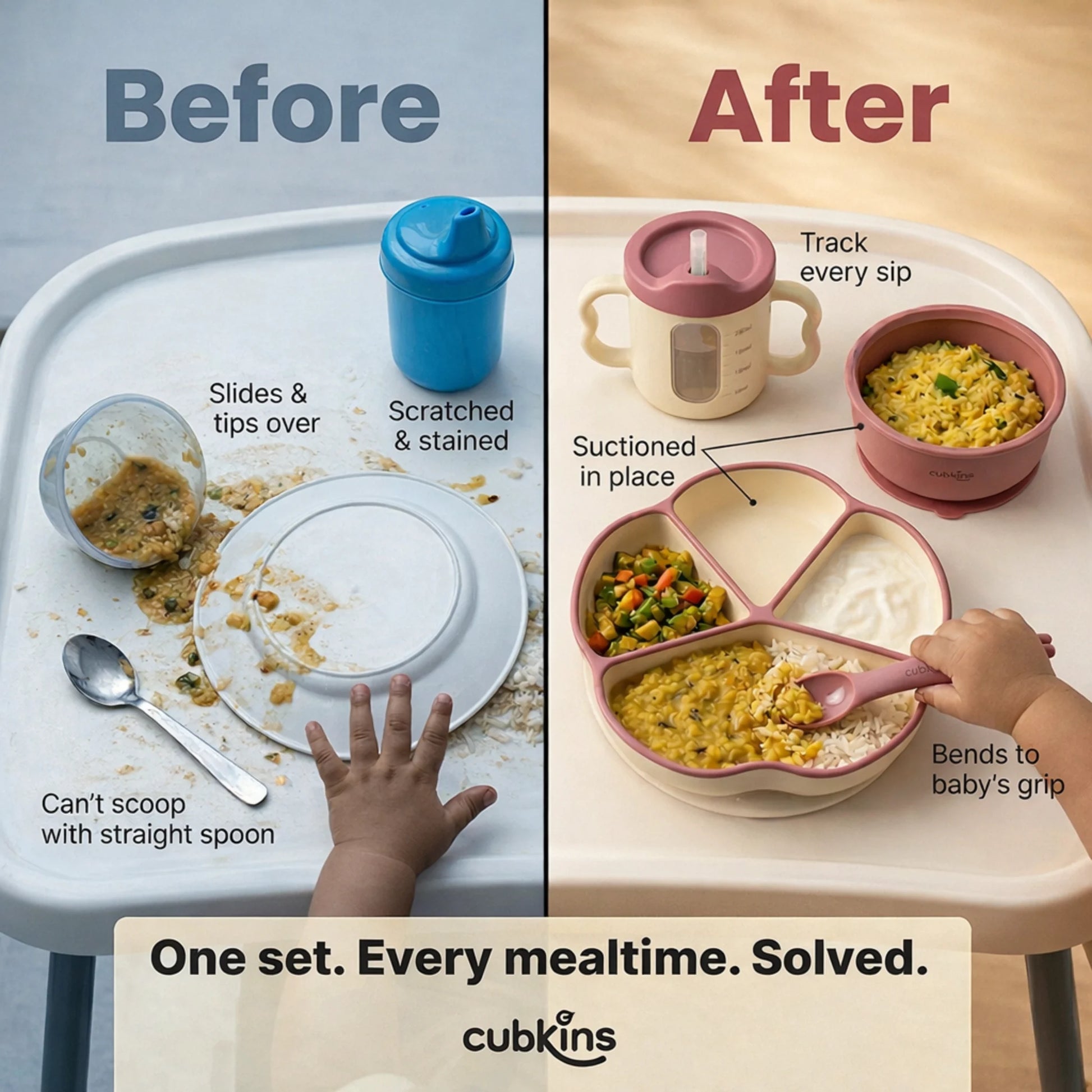 Before vs After — regular steel plate sliding with spilled food vs Cubkins Raspberry Silicone Suction Plate, Suction Bowl, and Sippy Cup suctioned in place on high chair tray with Indian baby food