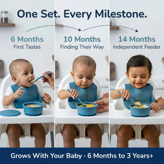 Cubkins blue silicone feeding set used across milestones — 6 months first tastes, 10 months self-feeding, 14 months independent eater