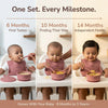 Cubkins raspberry silicone feeding set used across milestones — 6 months first tastes, 10 months self-feeding, 14 months independent eater