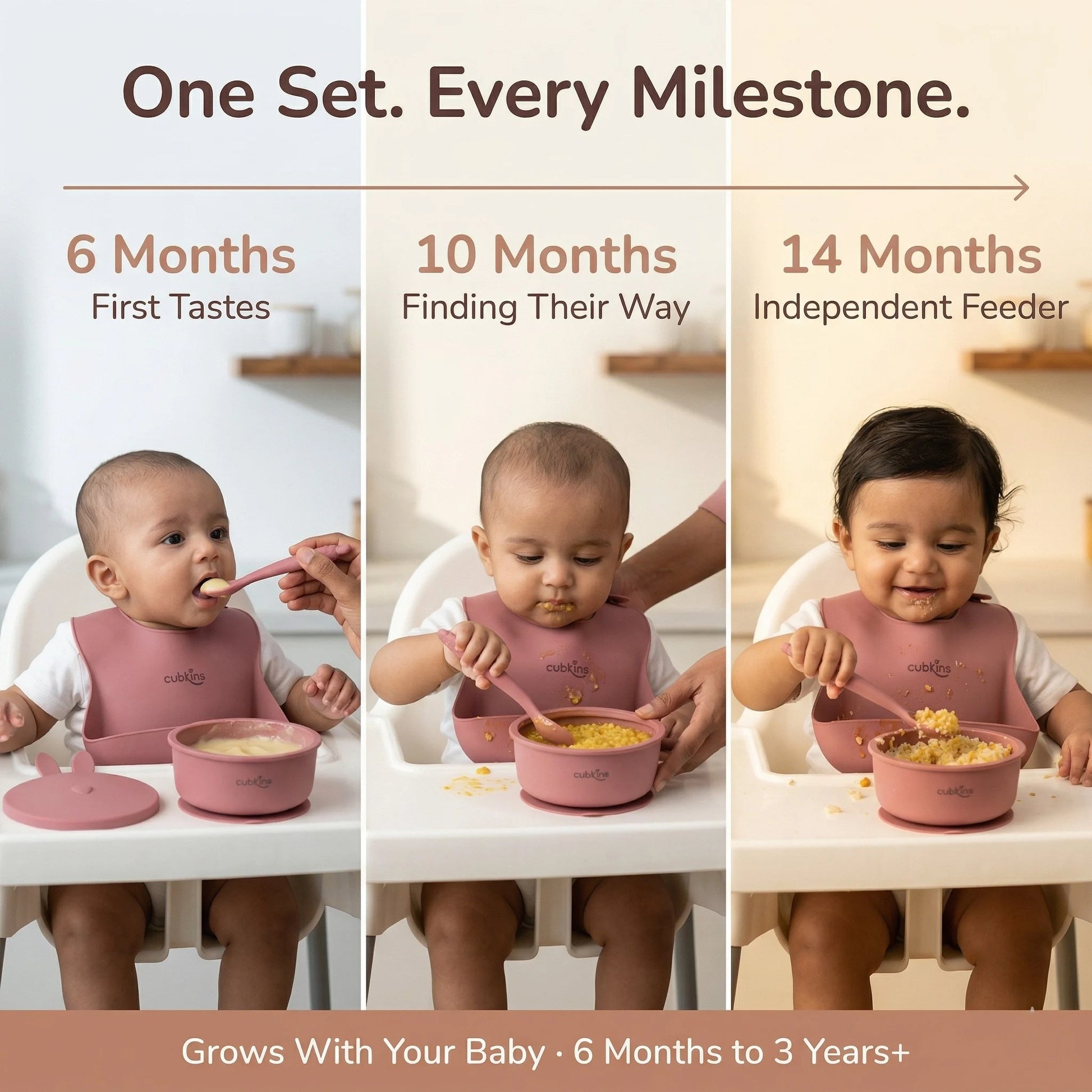Cubkins raspberry silicone feeding set used across milestones — 6 months first tastes, 10 months self-feeding, 14 months independent eater