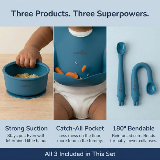 Cubkins blue silicone set features: suction bowl stays put, catch-all bib pocket, 180-degree bendable spoon with reinforced core