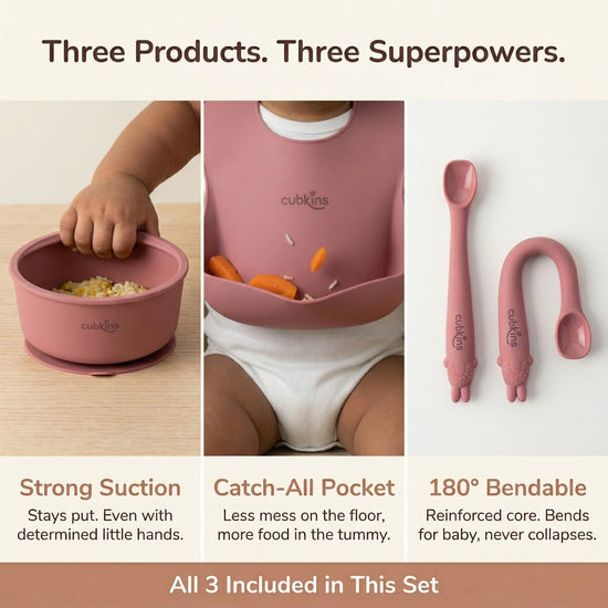 Cubkins raspberry silicone set features: suction bowl stays put, catch-all bib pocket, 180-degree bendable spoon with reinforced core