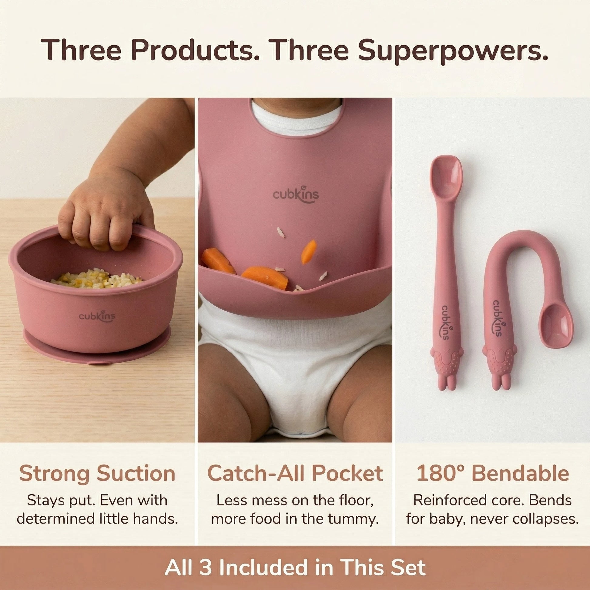 Cubkins raspberry silicone set features: suction bowl stays put, catch-all bib pocket, 180-degree bendable spoon with reinforced core