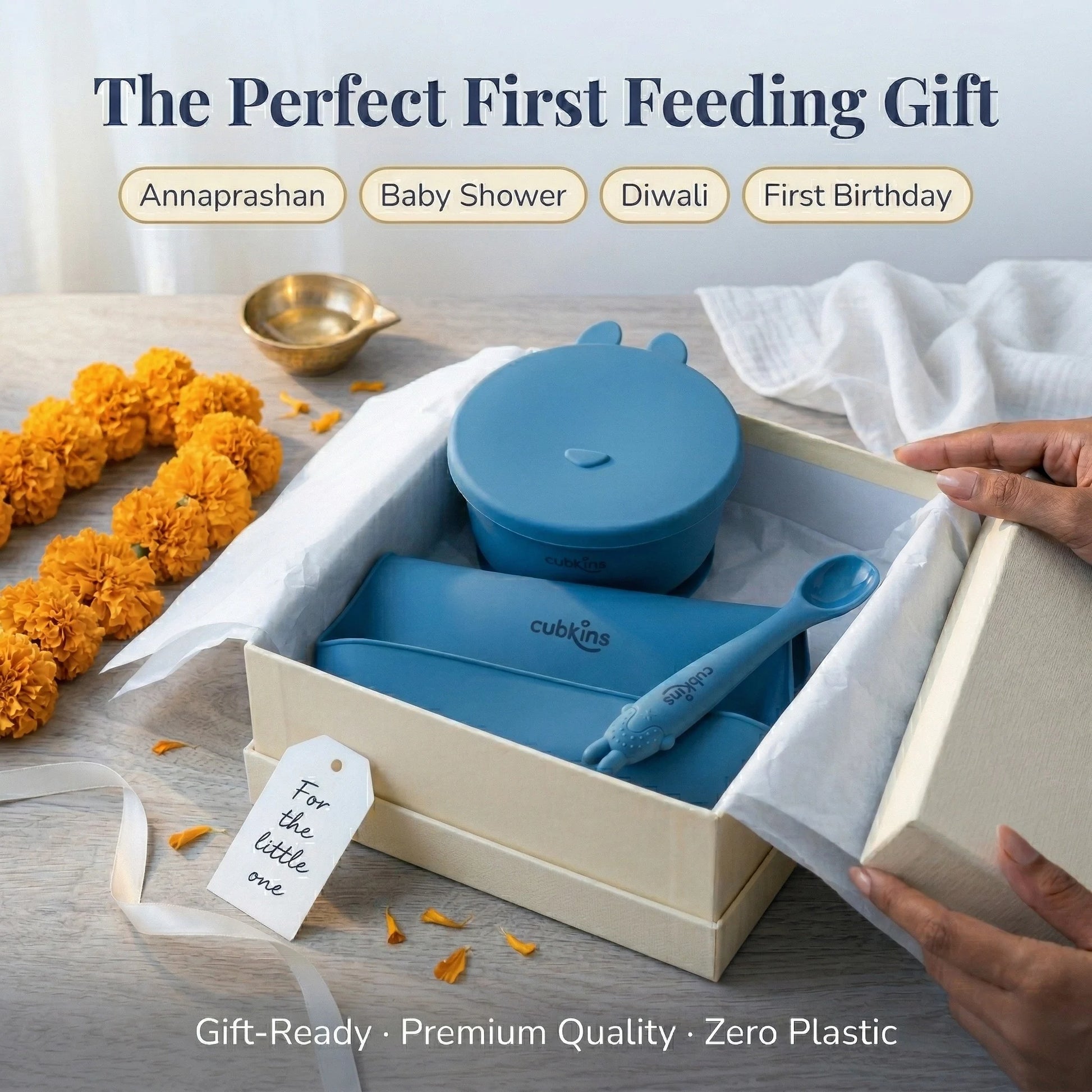 Cubkins blue silicone bowl, bib and spoon set in gift box with marigolds — perfect Annaprashan, baby shower, Diwali or first birthday gift