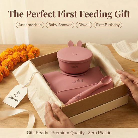 Cubkins raspberry silicone bowl, bib and spoon set in gift box with marigolds — perfect Annaprashan, baby shower, Diwali or first birthday gift