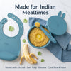 Cubkins blue silicone bowl filled with khichdi and ghee — designed for Indian baby foods like dal, ragi, banana and curd rice
