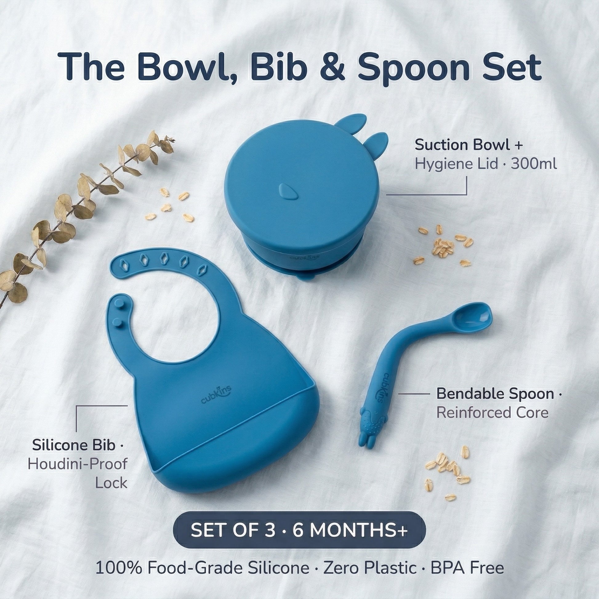 Cubkins Bowl, Bib & Spoon Set in Steel Blue — 100% food-grade silicone, BPA free, 6 months+