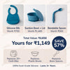 Cubkins Bowl, Bib & Spoon Set value breakdown — worth Rs 2650, yours for Rs 1149, save 57%, lasts 3+ years in blue silicone