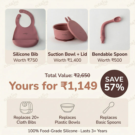 Cubkins Bowl, Bib & Spoon Set value breakdown — worth Rs 2650, yours for Rs 1149, save 57%, lasts 3+ years in raspberry silicone