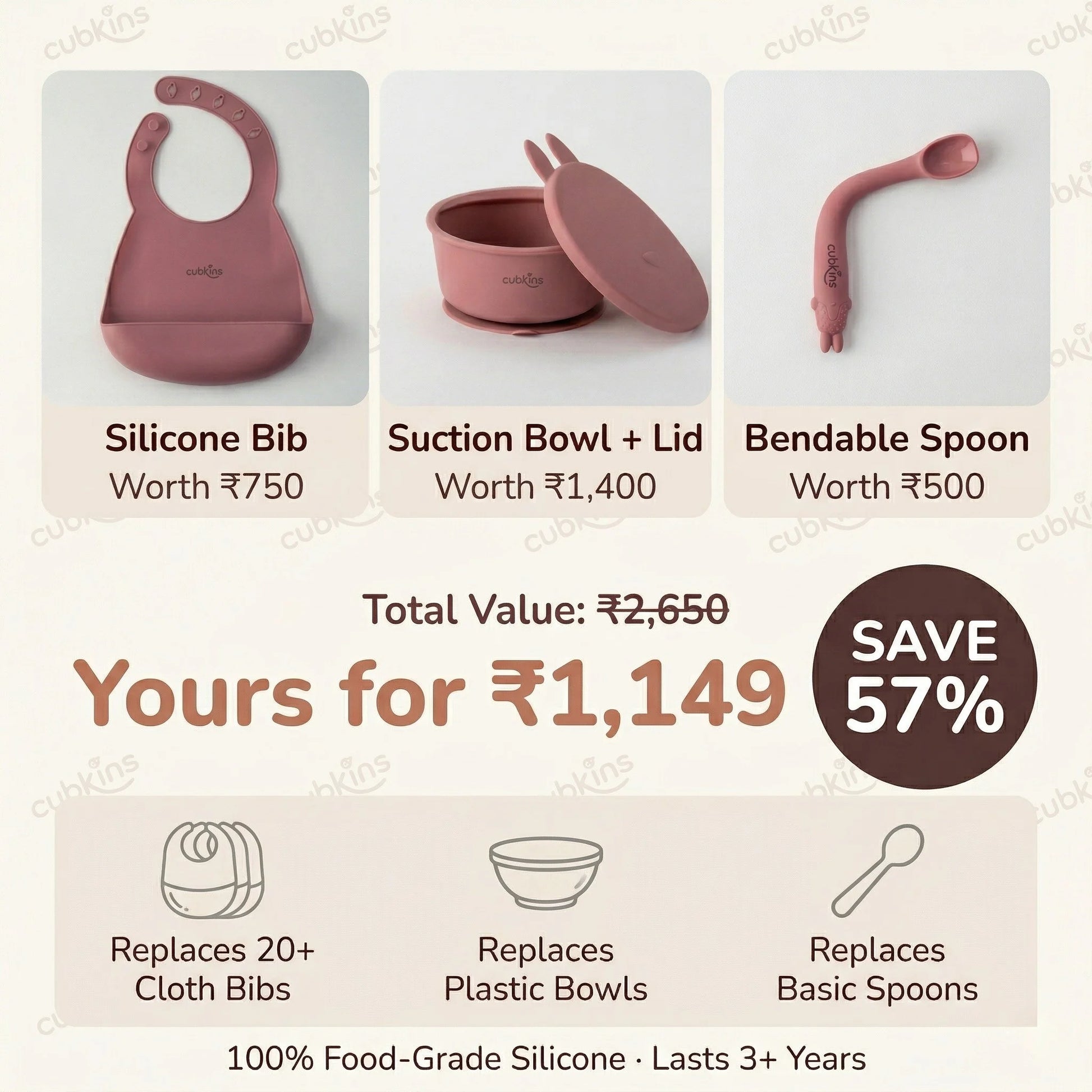 Cubkins Bowl, Bib & Spoon Set value breakdown — worth Rs 2650, yours for Rs 1149, save 57%, lasts 3+ years in raspberry silicone