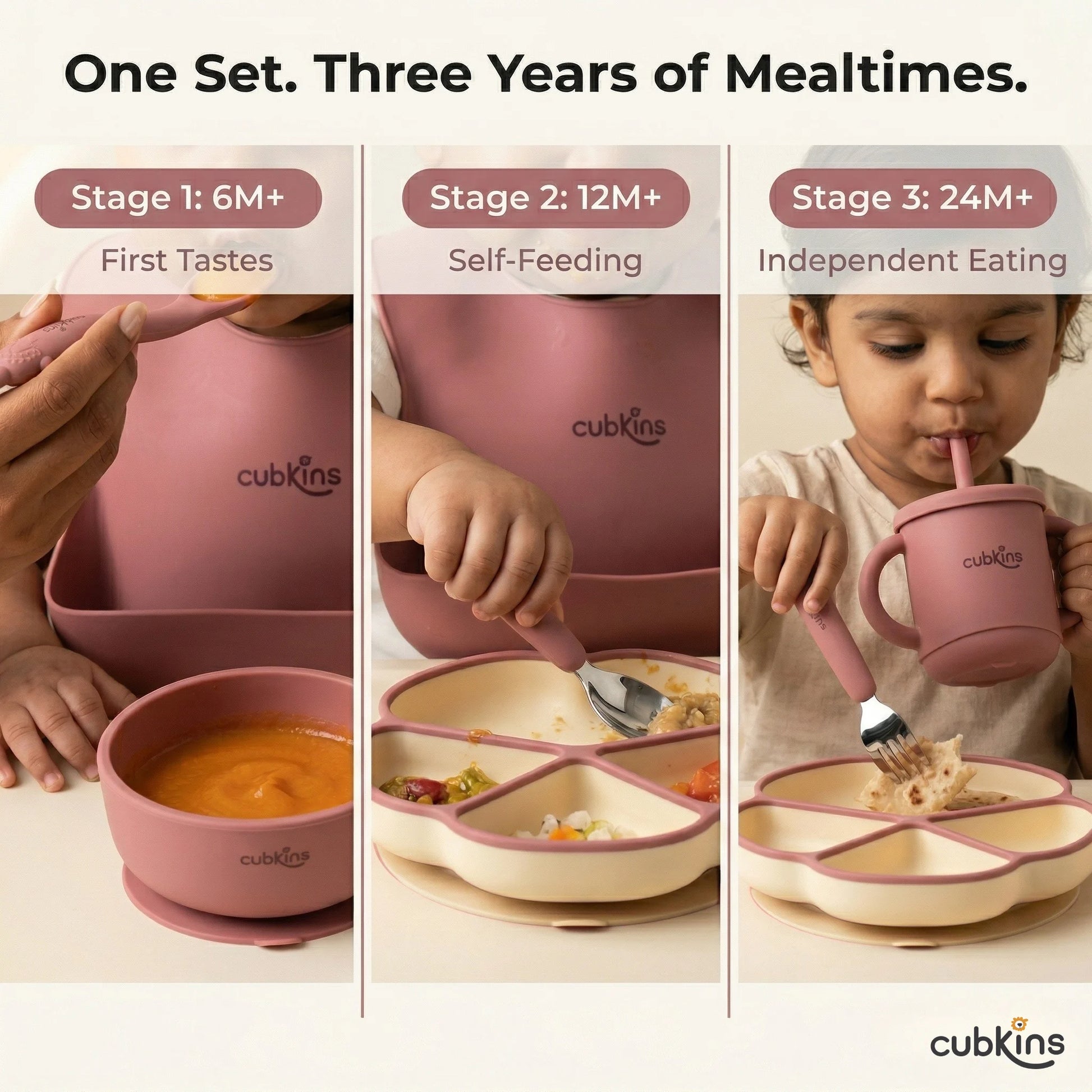 Three-panel infographic titled "One Set. Three Years of Mealtimes." showing Cubkins raspberry feeding set across developmental stages: Stage 1 (6M+) First Tastes — parent spoon-feeding baby from a suction bowl; Stage 2 (12M+) Self-Feeding — toddler using the divided plate and cutlery; Stage 3 (24M+) Independent Eating — child drinking from the straw sippy cup.