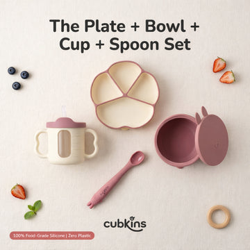 Cubkins Plate Bowl Cup Spoon Set in Raspberry and Cream — 100% Food-Grade Silicone Baby Feeding Set, Zero Plastic