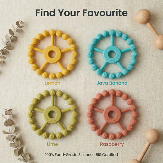 All four Cubkins Silicone Ring Teether color variants displayed together – Lemon, Java Banana, Lime, and Raspberry – BIS Certified, 100% Food-Grade Silicone