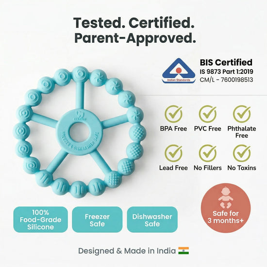 Cubkins Ring Teether Java Banana safety certifications – BIS Certified IS 9873, BPA Free, PVC Free, Phthalate Free, Lead Free, No Fillers, No Toxins, 100% Food-Grade Silicone, Freezer Safe, Dishwasher Safe, safe from 3 months
