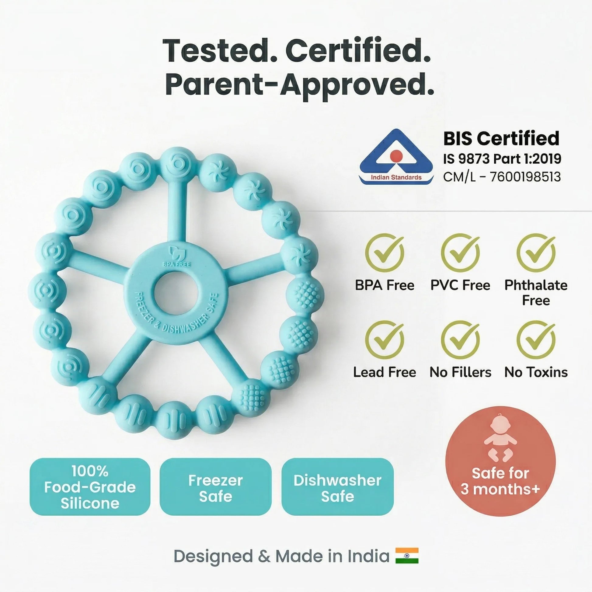 Cubkins Ring Teether Java Banana safety certifications – BIS Certified IS 9873, BPA Free, PVC Free, Phthalate Free, Lead Free, No Fillers, No Toxins, 100% Food-Grade Silicone, Freezer Safe, Dishwasher Safe, safe from 3 months