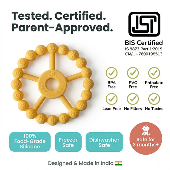 Cubkins Ring Teether Lemon safety certifications – BIS Certified IS 9873, BPA Free, PVC Free, Phthalate Free, Lead Free, No Fillers, No Toxins, 100% Food-Grade Silicone, Freezer Safe, Dishwasher Safe, safe from 3 months