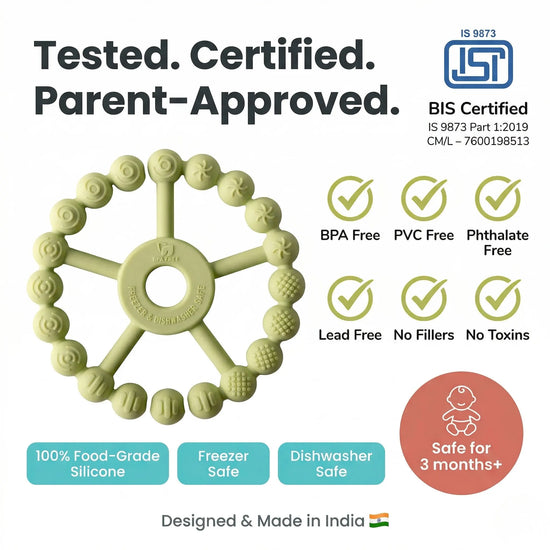 Cubkins Ring Teether Lime safety certifications – BIS Certified IS 9873, BPA Free, PVC Free, Phthalate Free, Lead Free, No Fillers, No Toxins, 100% Food-Grade Silicone, Freezer Safe, Dishwasher Safe, safe from 3 months