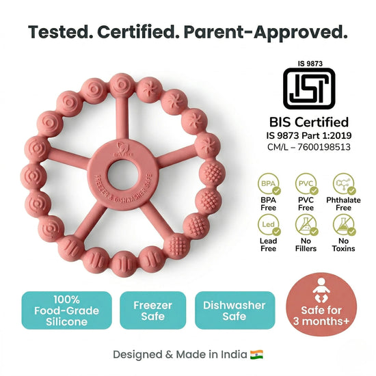 Cubkins Ring Teether Raspberry safety certifications – BIS Certified IS 9873, BPA Free, PVC Free, Phthalate Free, Lead Free, No Fillers, No Toxins, 100% Food-Grade Silicone, Freezer Safe, Dishwasher Safe, safe from 3 months