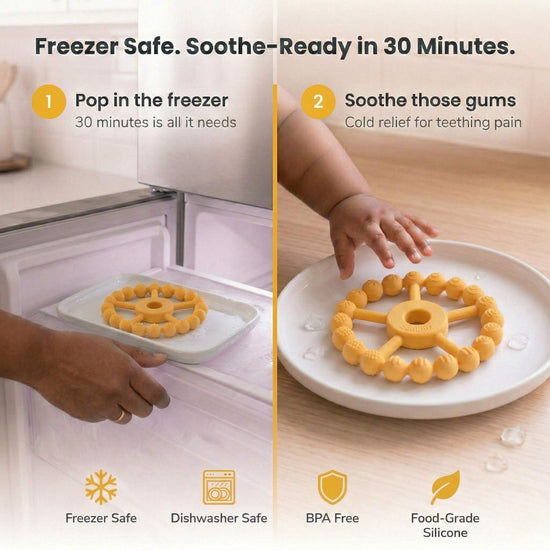 Cubkins Ring Teether Lemon freezer care instructions – pop in freezer for 30 minutes for cold gum relief, freezer safe, dishwasher safe, BPA free, food-grade silicone