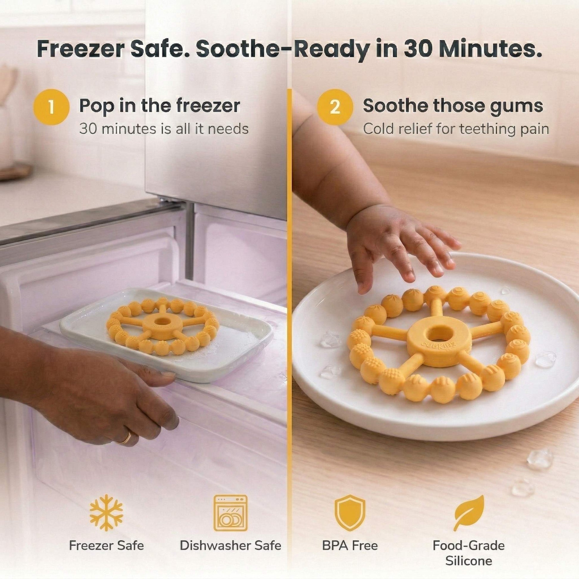 Cubkins Ring Teether Lemon freezer care instructions – pop in freezer for 30 minutes for cold gum relief, freezer safe, dishwasher safe, BPA free, food-grade silicone