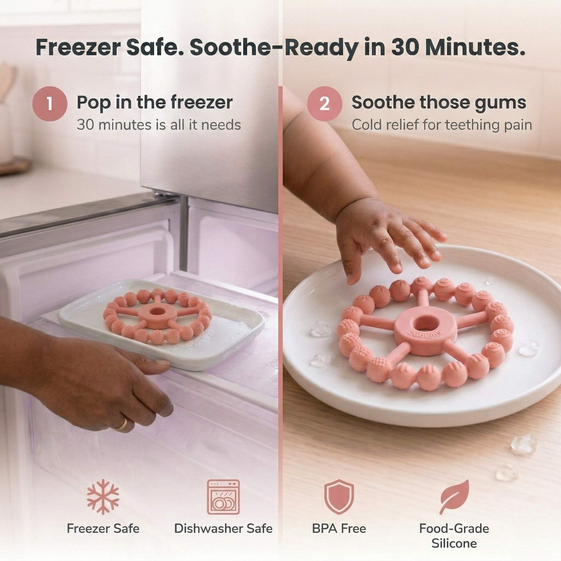 Cubkins Ring Teether Raspberry freezer care instructions – pop in freezer for 30 minutes for cold gum relief, freezer safe, dishwasher safe, BPA free, food-grade silicone