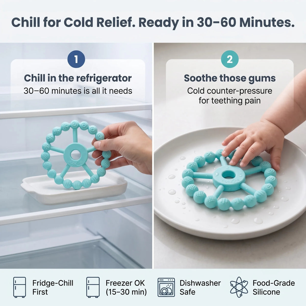 How to chill the Cubkins silicone teether for cold relief — refrigerator chilling recommended, dishwasher safe.