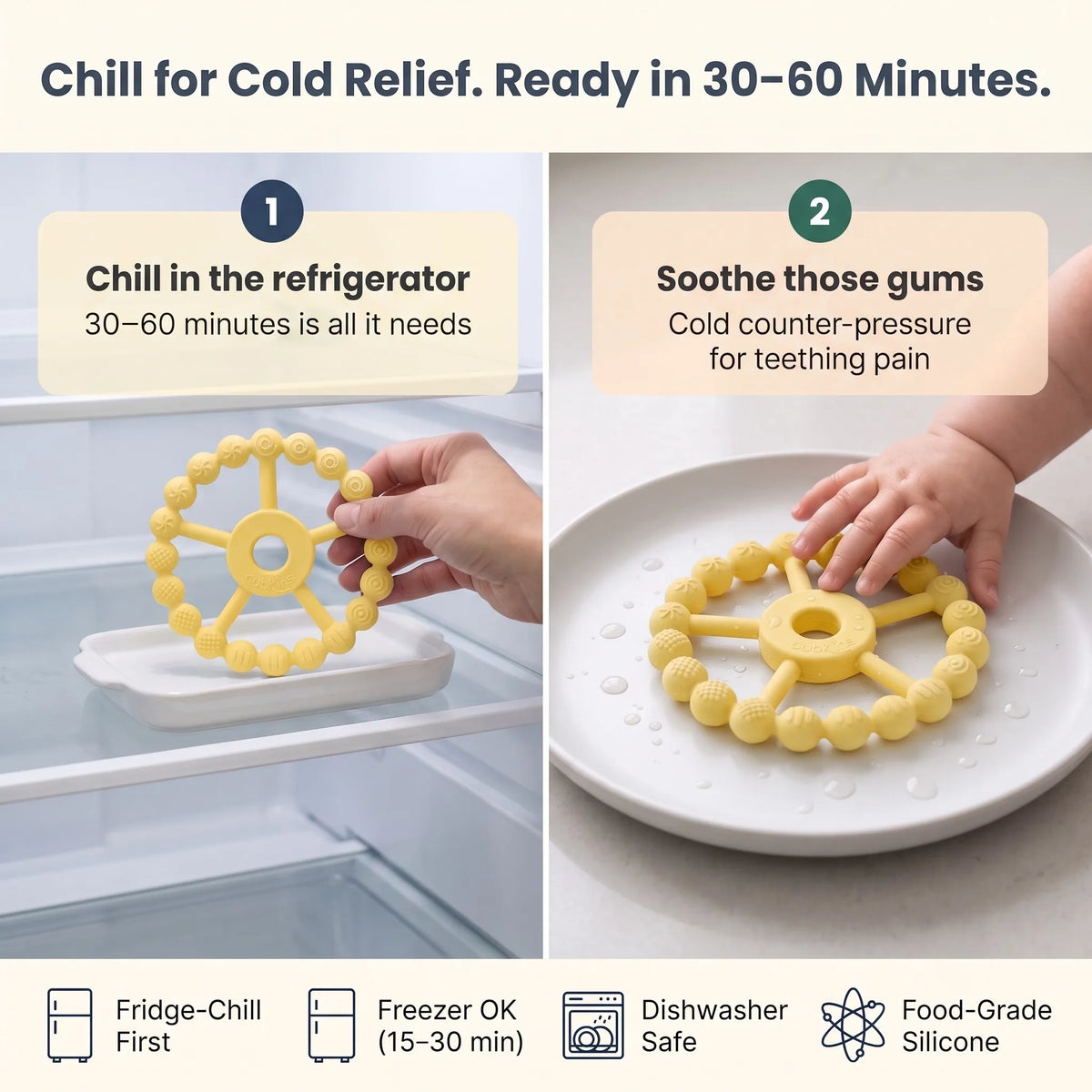How to chill the Cubkins silicone teether for cold relief — refrigerator chilling recommended, dishwasher safe