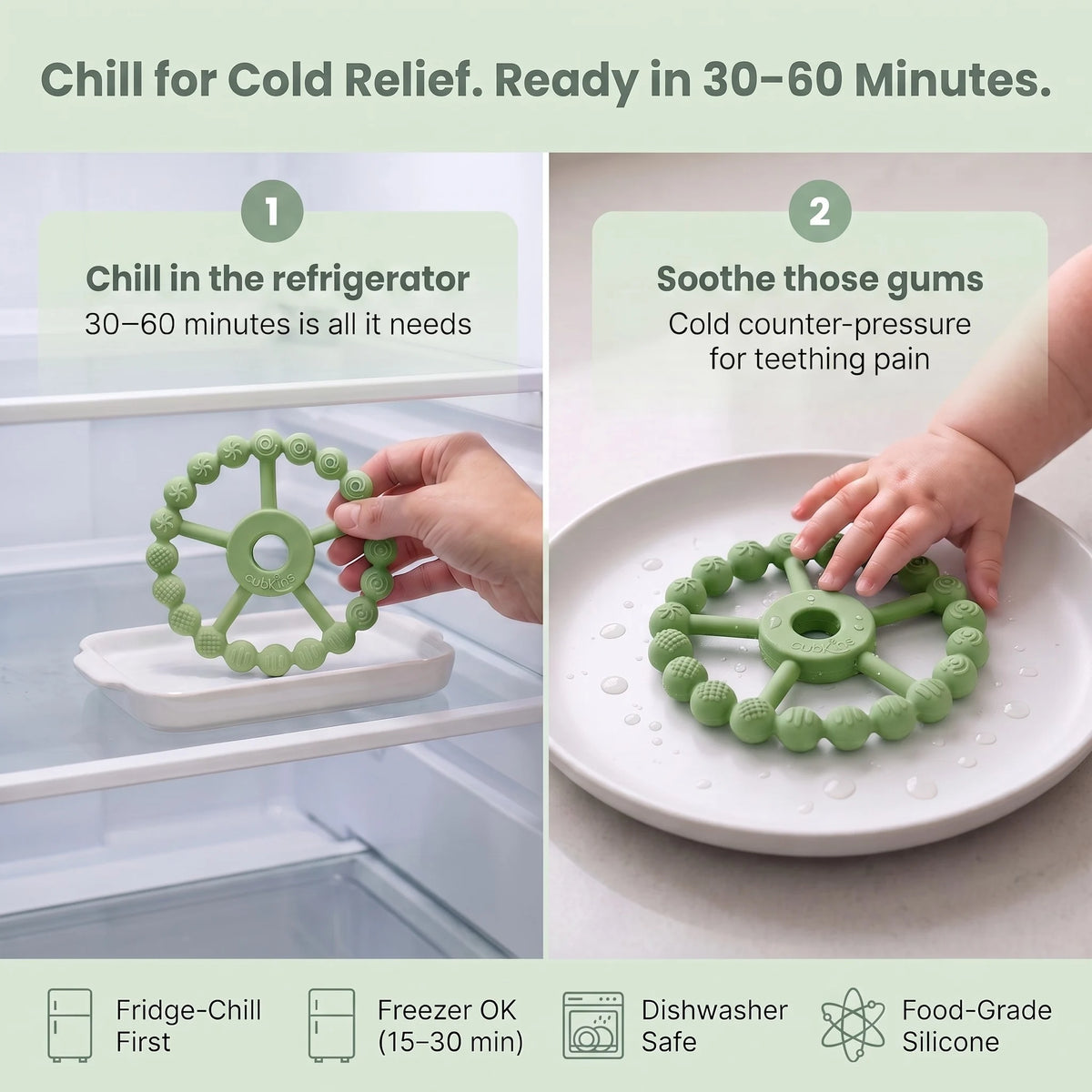How to chill the Cubkins silicone teether for cold relief — refrigerator chilling recommended, dishwasher safe.