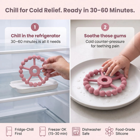 How to chill the Cubkins silicone teether for cold relief — refrigerator chilling recommended, dishwasher safe