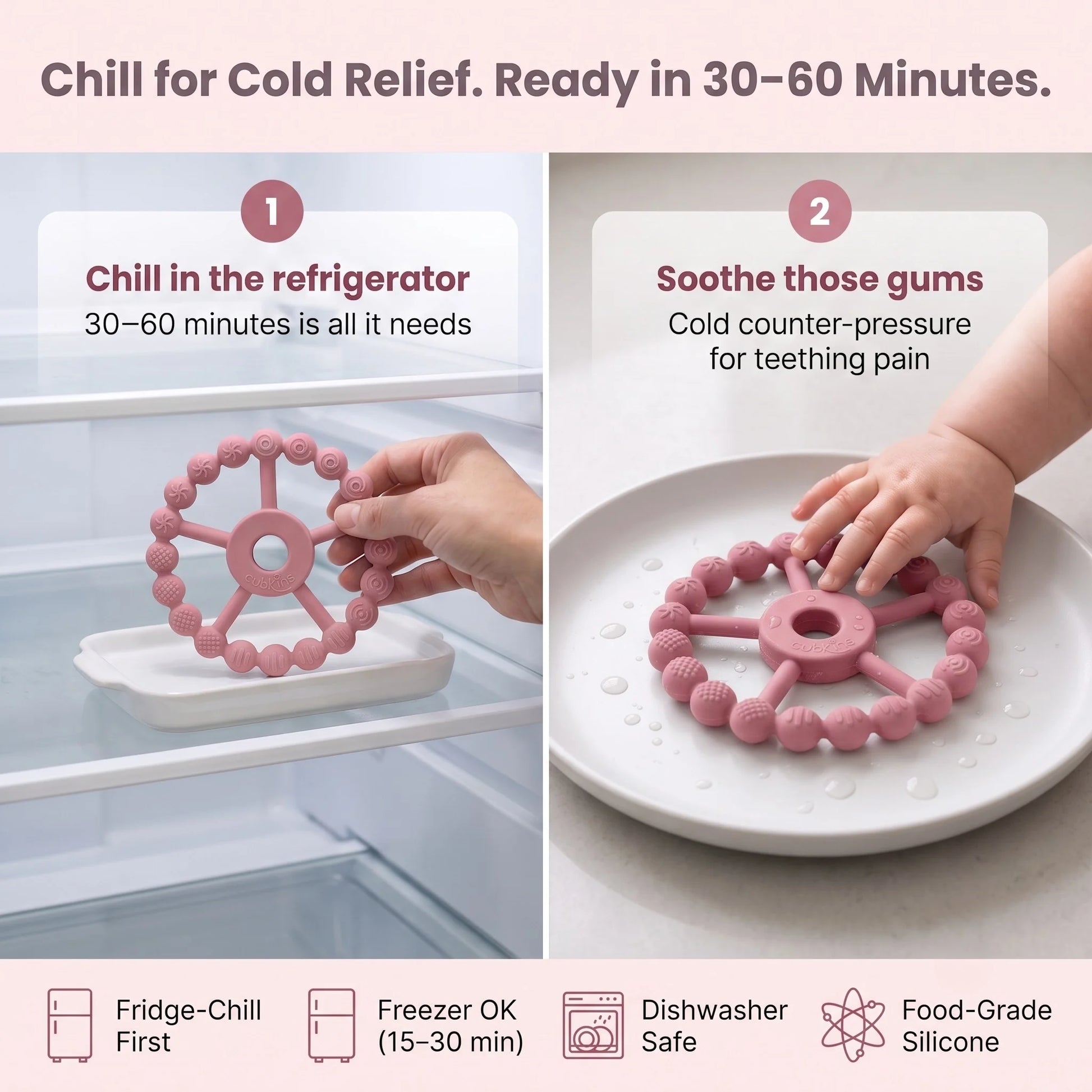 How to chill the Cubkins silicone teether for cold relief — refrigerator chilling recommended, dishwasher safe