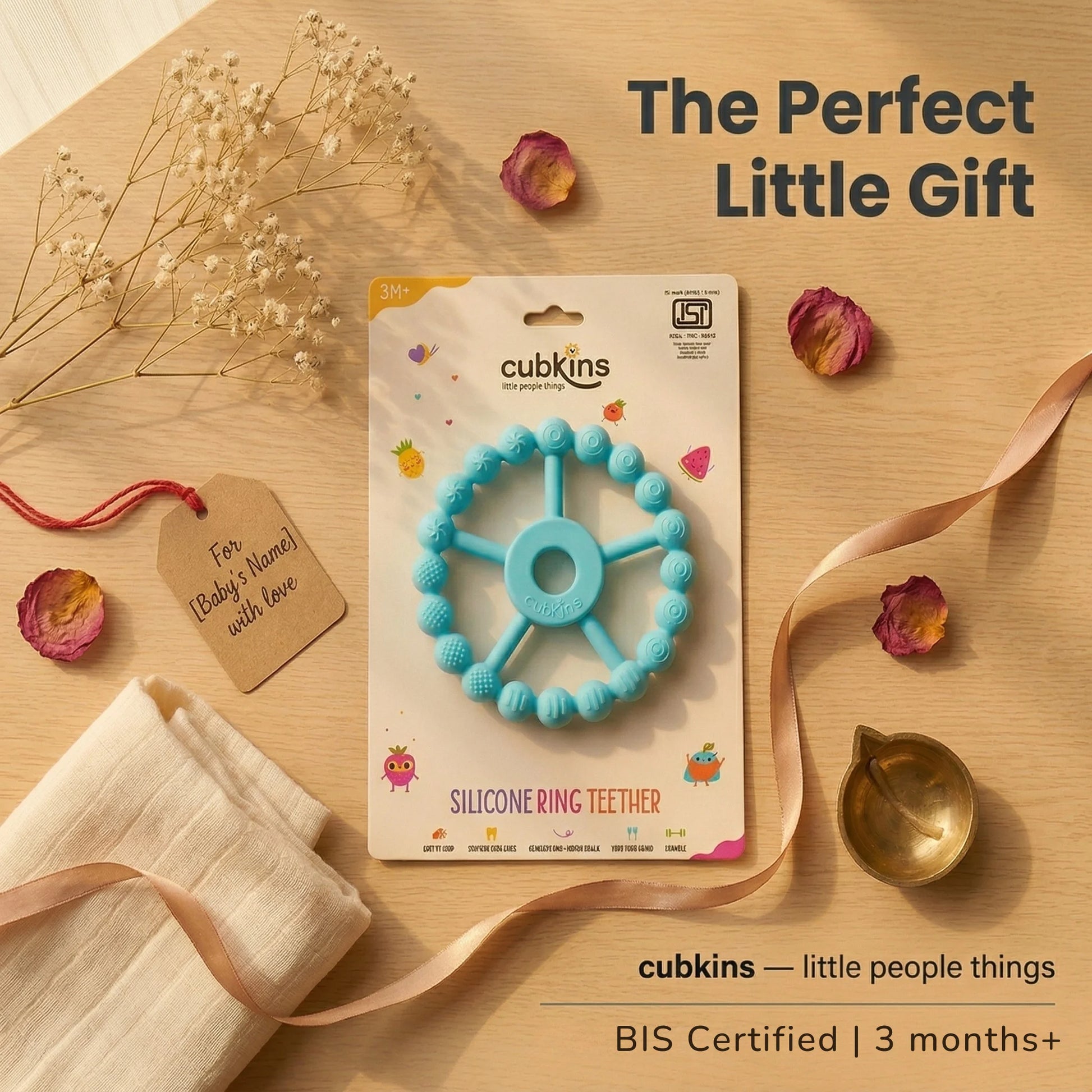 Cubkins Silicone Ring Teether Java Banana in retail packaging displayed as a baby gift – BIS Certified, 3 months and above, ideal baby shower or Annaprashan gift