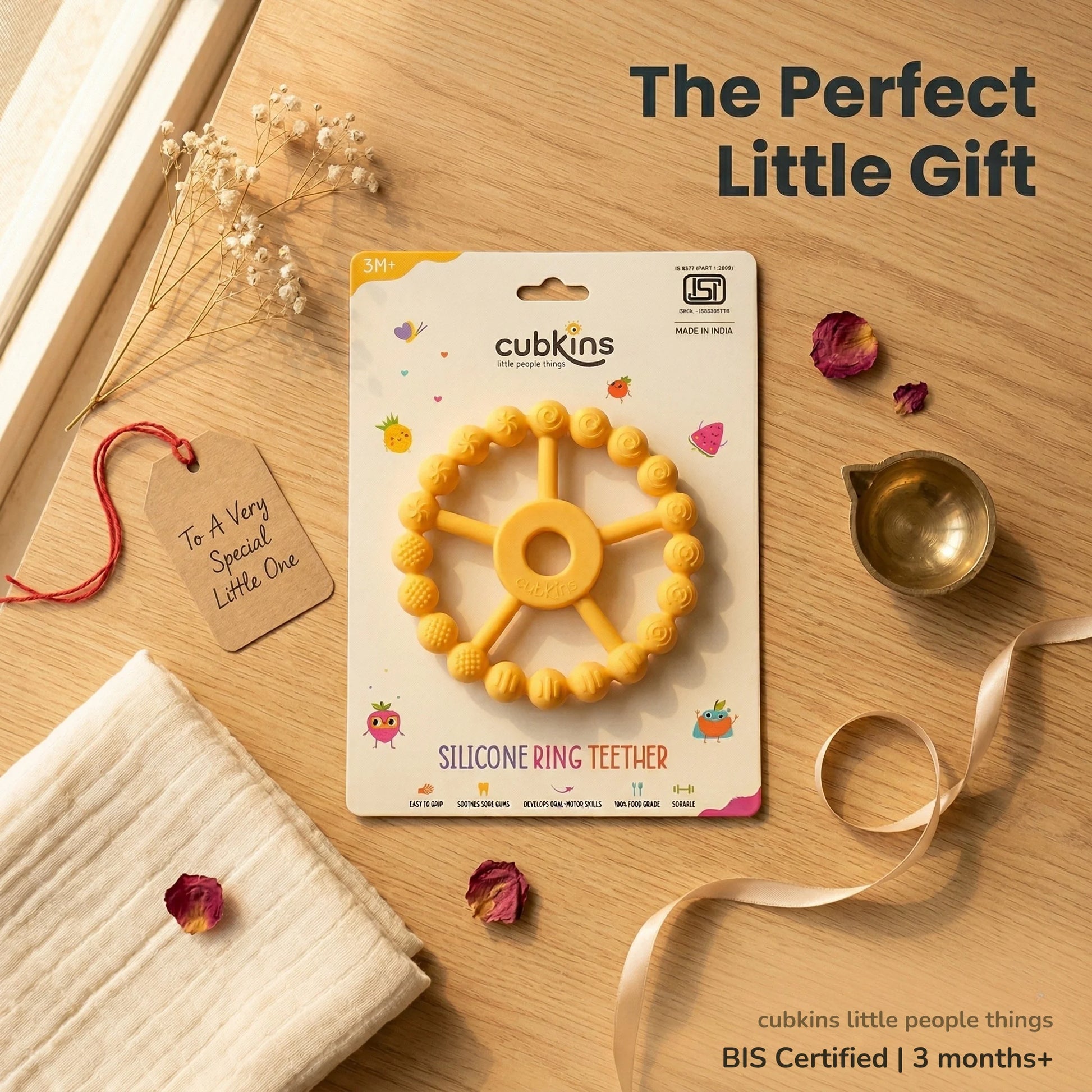 Cubkins Silicone Ring Teether Lemon in retail packaging displayed as a baby gift – BIS Certified, 3 months and above, ideal baby shower or Annaprashan gift