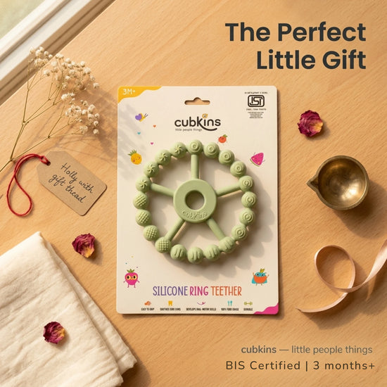 Cubkins Silicone Ring Teether Lime in retail packaging displayed as a baby gift – BIS Certified, 3 months and above, ideal baby shower or Annaprashan gift