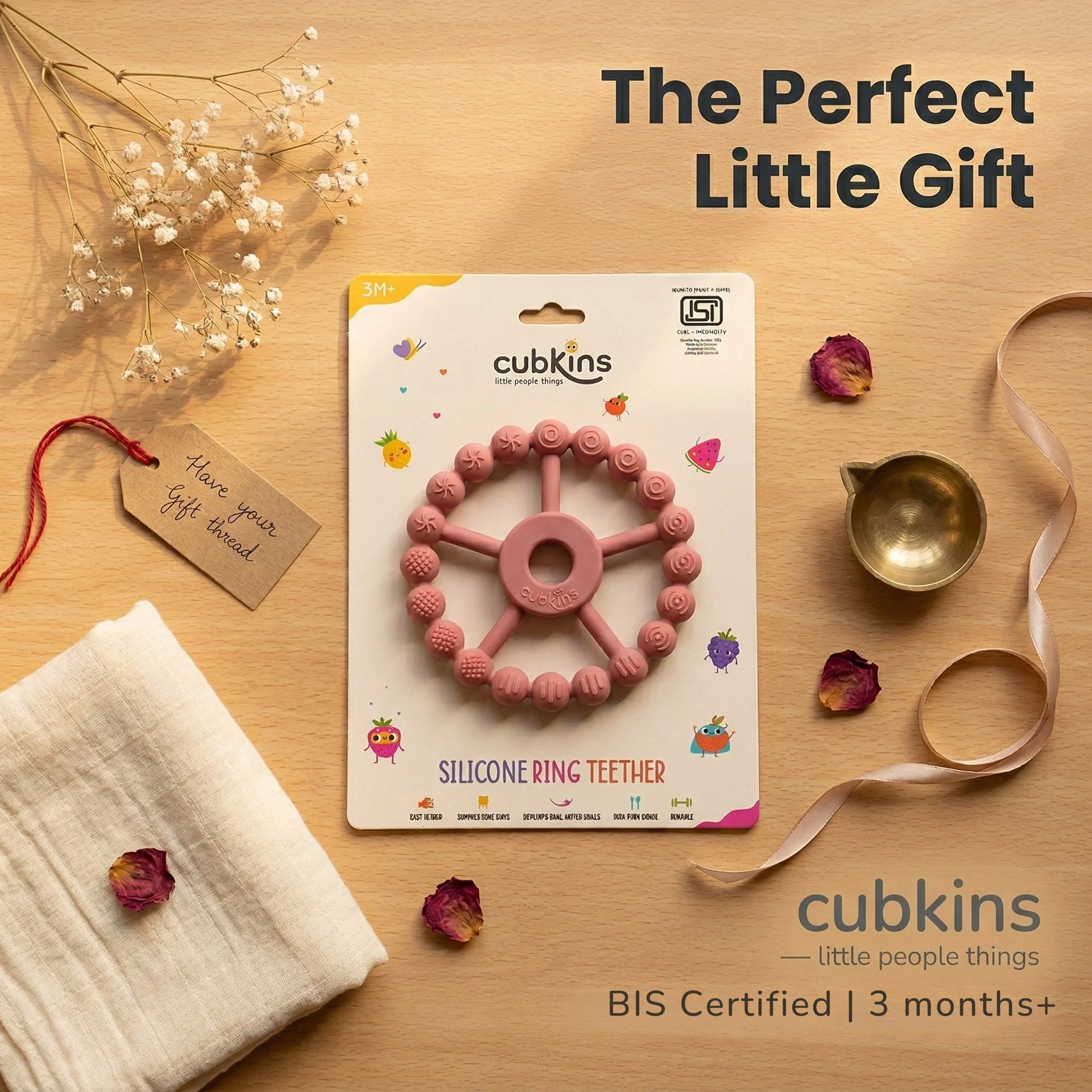 Cubkins Silicone Ring Teether Raspberry in retail packaging displayed as a baby gift – BIS Certified, 3 months and above, ideal baby shower or Annaprashan gift