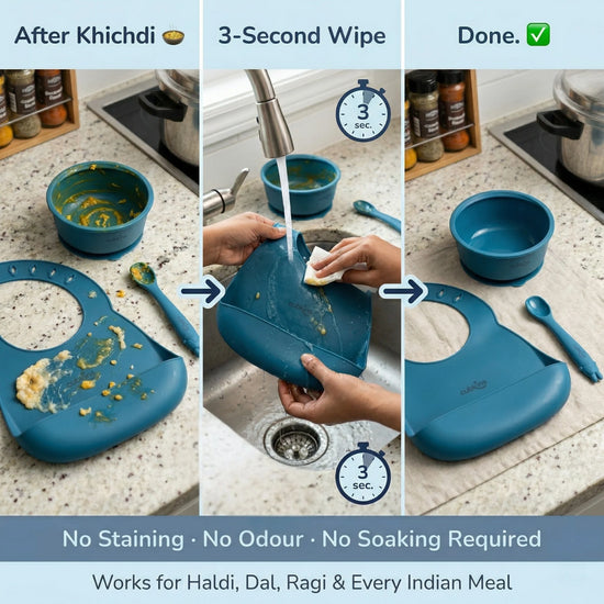 Cubkins blue silicone bib and bowl cleaned in 3 seconds after khichdi — no staining, no odour, no soaking required