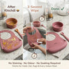 Cubkins raspberry silicone bib and bowl cleaned in 3 seconds after khichdi — no staining, no odour, no soaking required